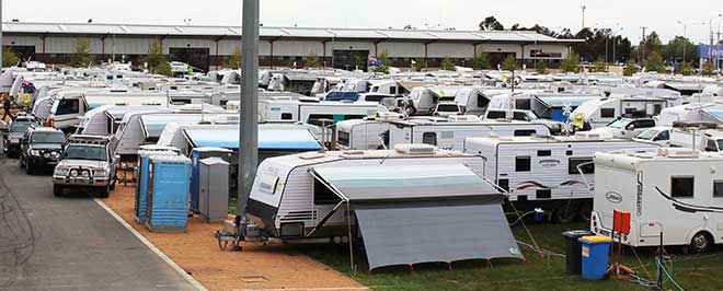 Caravans of all shapes and sizes pitched for the Australian Caravan Club's national muster