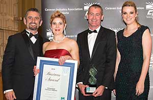 Pictured are, from left, CIA VIC president Nat Schiavello, Advantage Caravan Repairs' Jo Carr and Peter Robinson and Justine Schuller (Dometic Group - award sponsor)