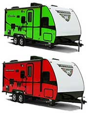 Examples of Winnebago's brightly coloured Minnie caravans