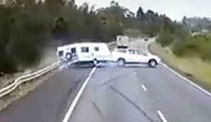 Truckie's dashcam captures another caravan coming to grief